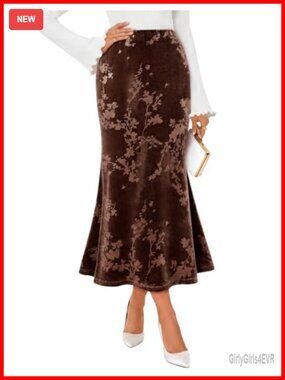 Floral Velvet Maxi Skirt High Waist Mermaid Hem Women's Fall Fashion
